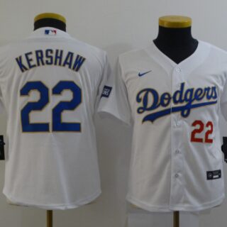 Youth Dodgers 22 Clayton Kershaw White Youth Nike 2021 Gold Program Cool Base Jersey
