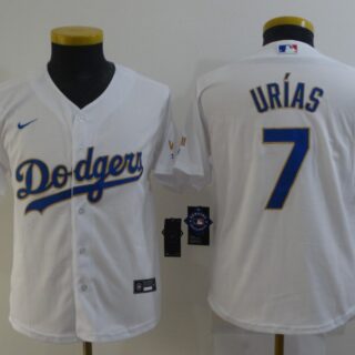 Youth Dodgers #7 Julio Urias White 2021 Gold Program Replica Jersey