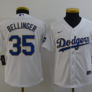 Youth Dodgers 35 Cody Bellinger White Youth Nike 2021 Gold Program Cool Base Jersey