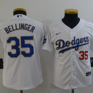 Youth Dodgers 35 Cody Bellinger White Youth Nike 2021 Gold Program Cool Base Jersey