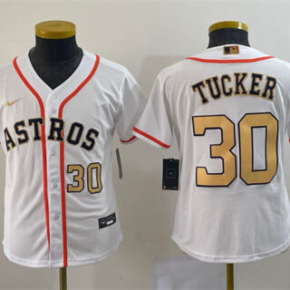Youth Houston Astros #30 Kyle Tucker White 2023 Gold Collection With World Serise Champions Patch Stitched Baseball Jersey