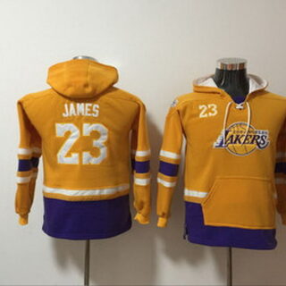 Youth Lakers 23 Lebron James Gold Youth All Stitched Hooded Sweatshirt