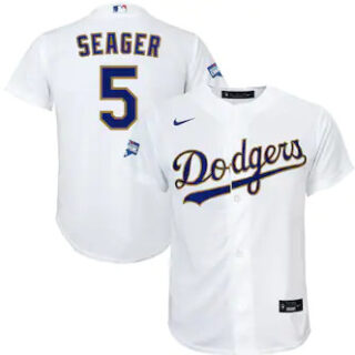 Youth Los Angeles Dodgers #5 Corey Seager Nike White Gold 2021 Gold Program Player Jersey