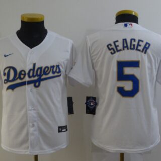 Youth Los Angeles Dodgers #5 Corey Seager Nike White Gold 2021 Gold Program Player Jerseys