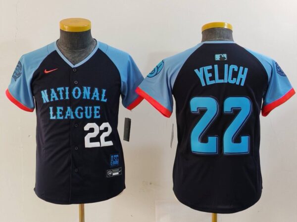Youth National League #22 Christian Yelich Navy 2024 All-Star Limited Stitched Baseball Jerseys