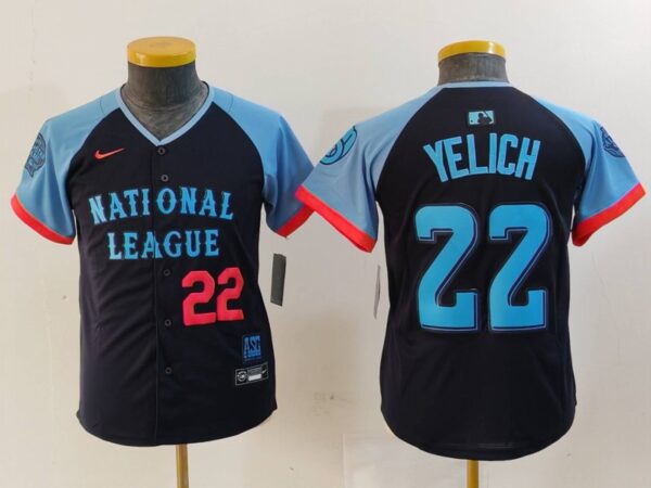 Youth National League #22 Christian Yelich Navy 2024 All-Star Limited Stitched Baseball Jerseys