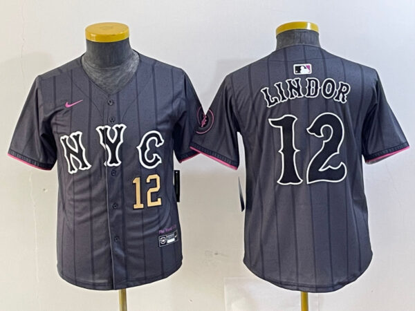 Youth New York Mets #12 Francisco Lindor Graphite 2024 City Connect Limited Stitched Baseball Jersey