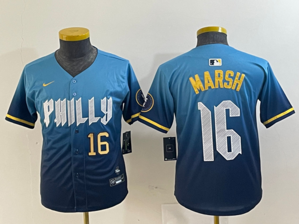 Youth Philadelphia Phillies #16 Brandon Marsh Blue 2024 City Connect Limited Stitched Jersey