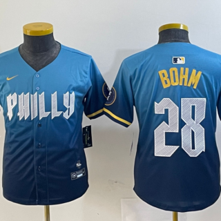 Youth Philadelphia Phillies #28 Alec Bohm Blue 2024 City Connect Limited Stitched Baseball Jersey