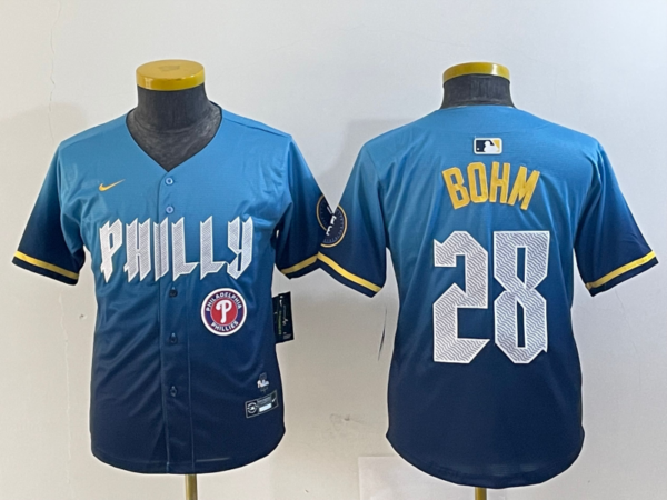 Youth Philadelphia Phillies #28 Alec Bohm Blue 2024 City Connect Limited Stitched Baseball Jersey