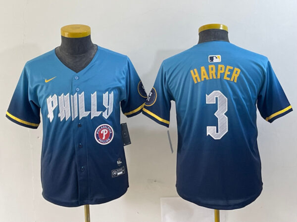 Youth Philadelphia Phillies #3 Bryce Harper Blue 2024 City Connect Limited Stitched Jersey
