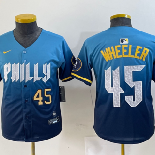 Youth Philadelphia Phillies #45 Zack Wheeler Blue 2024 City Connect Limited Stitched Baseball Jersey