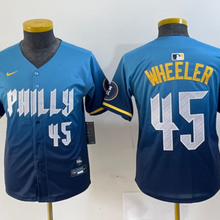Youth Philadelphia Phillies #45 Zack Wheeler Blue 2024 City Connect Limited Stitched Baseball Jersey