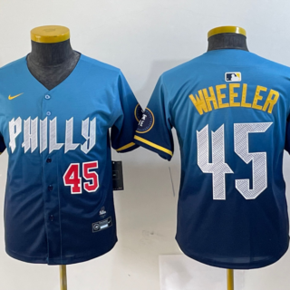 Youth Philadelphia Phillies #45 Zack Wheeler Blue 2024 City Connect Limited Stitched Baseball Jersey