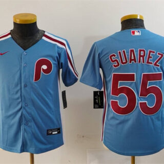 Youth Philadelphia Phillies #55 Ranger Suárez Blue Cool Base Stitched Baseball Jersey