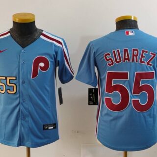 Youth Philadelphia Phillies #55 Ranger Suárez Blue Cool Base Stitched Baseball Jerseys