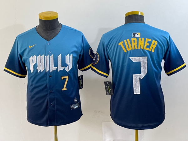 Youth Philadelphia Phillies #7 Trea Turner Blue 2024 City Connect Limited Stitched Jersey