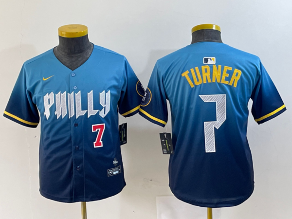 Youth Philadelphia Phillies #7 Trea Turner Blue 2024 City Connect Limited Stitched Jersey