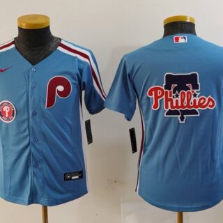 Youth Philadelphia Phillies Team Big Logo Blue Cool Base Stitched Baseball Jerseys