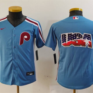 Youth Philadelphia Phillies Team Big Logo Blue Cool Base Stitched Baseball Jersey