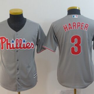 Youth Phillies 3 Bryce Harper Gray Youth Cool Base Jersey