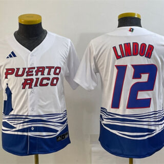 Youth Puerto Rico Baseball #12 Francisco Lindor 2023 White World Baseball Classic Replica Stitched Jersey(Run Small)
