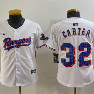 Youth Texas Rangers #32 Evan Carter White Gold Stitched Baseball Jersey