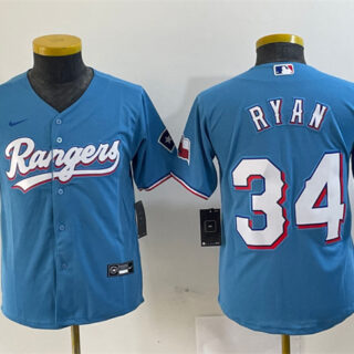 Youth Texas Rangers #34 Nolan Ryan Blue With Patch Stitched Baseball Jersey