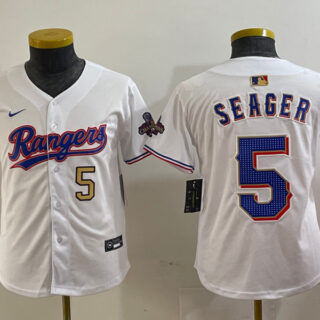 Youth Texas Rangers #5 Corey Seager White Gold Stitched Baseball Jersey(Run Small)