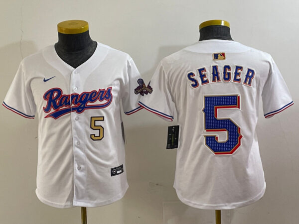 Youth Texas Rangers #5 Corey Seager White Gold Stitched Baseball Jersey(Run Small)