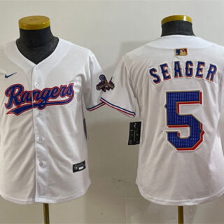Youth Texas Rangers #5 Corey Seager White Gold Stitched Baseball Jersey