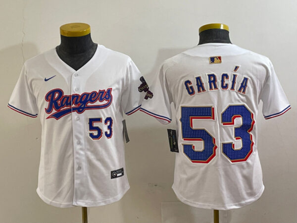 Youth Texas Rangers #53 Adolis García White Gold Cool Base Stitched Baseball Jersey