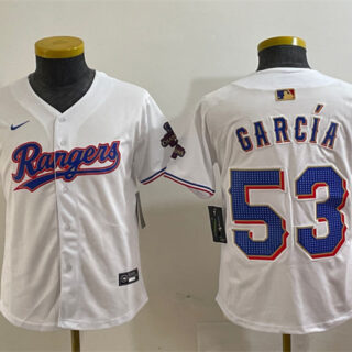 Youth Texas Rangers #53 Adolis Garcia White Gold Stitched Baseball Jersey