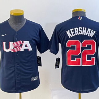 Youth USA Baseball #22 Clayton Kershaw 2023 Navy World Baseball Classic Stitched Jersey