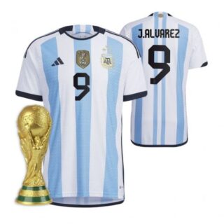 Women's Julian Alvarez Argentina National Team White Home 3 Stars 2022 World Cup Champions Jersey