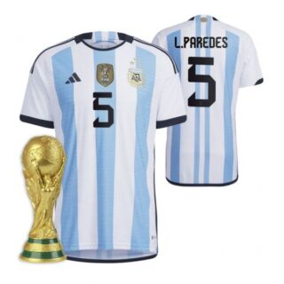 Women's Leandro Paredes Argentina National Team White Home 3 Stars 2022 World Cup Champions Jersey