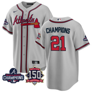 Youth Atlanta Braves Champions 2021 World Series Champions Stitched Jersey Cool Base Gray