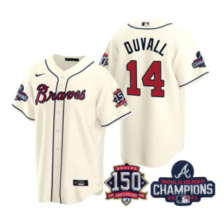 Men's Atlanta Braves Adam Duvall 2021 World Series Champions Stitched Jersey Cool Base Cream
