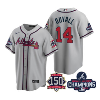 Men's Atlanta Braves Adam Duvall 2021 World Series Champions Stitched Jersey Cool Base Gray