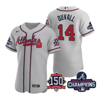 Men's Atlanta Braves Adam Duvall 2021 World Series Champions Stitched Jersey Flex Base Gray