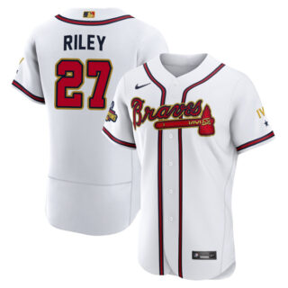Men's Cool Base Atlanta Braves Austin Riley 2022 Gold Program White Stitched Jersey