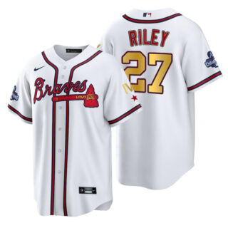 Men's Atlanta Braves Austin Riley 2022 White Gold Program 4-Time World Series Champions Jersey