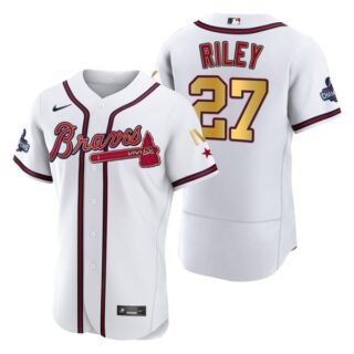 Men's Atlanta Braves Austin Riley 2022 White Gold Program 4-Time World Series Champions Jersey