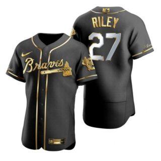 Men's #27 Austin Riley Atlanta Braves Flex Base Jersey Black Golden