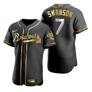 Men's #7 Dansby Swanson Atlanta Braves Flex Base Jersey Black Golden