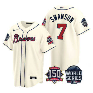 Men's Atlanta Braves Dansby Swanson 2021 World Series Stitched Jersey Cool Base Cream