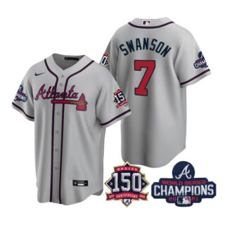 Men's Atlanta Braves Dansby Swanson 2021 World Series Champions Stitched Jersey Cool Base Gray
