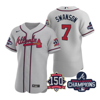 Men's Atlanta Braves Dansby Swanson 2021 World Series Champions Stitched Jersey Flex Base Gray