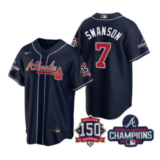 Men's Atlanta Braves Dansby Swanson 2021 World Series Champions Stitched Jersey Cool Base Navy