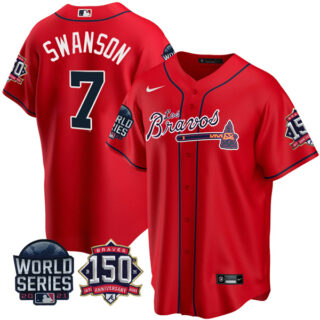 Men's Atlanta Braves Dansby Swanson Los Bravos 2021 World Series Stitched Jersey - Red